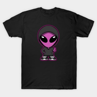 Hooded Space Alien Peace Hand Sign Pink T-Shirt